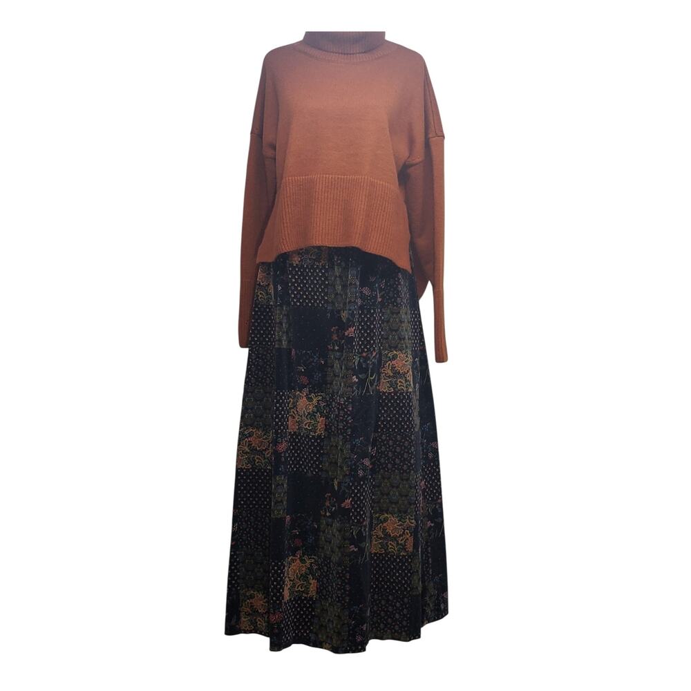 Handmade Vintage Velvet Maxi Skirt Navy Floral Bird Whimsigoth Dark Academia S
